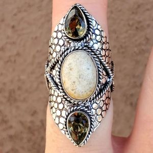 New Fossil Coral and Smoky Topaz 925 Silver Statement Ring.